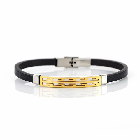 Men's Fashion Leather Bracelet Stainless Steel Geometric Hollow Greek Meander Plated Braid Wristband Punk Jewelry Gift
