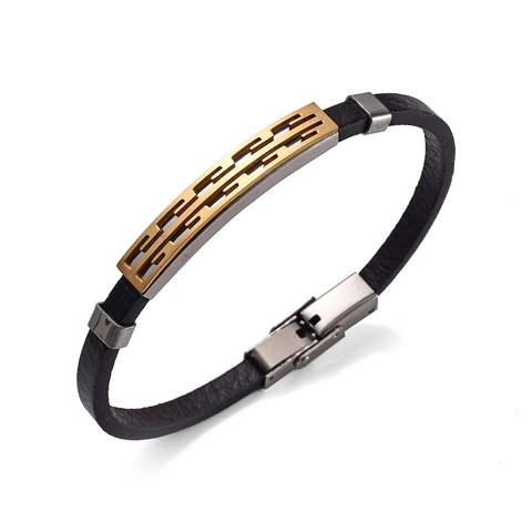 Men's Fashion Leather Bracelet Stainless Steel Geometric Hollow Greek Meander Plated Braid Wristband Punk Jewelry Gift