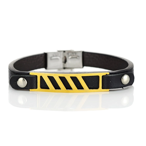 Pulsera de Cuero Genuino de Moda para Hombre Con Placa de Metal de Acero Inoxidable Hueca Geométrica Oro Plata Negro Joyería