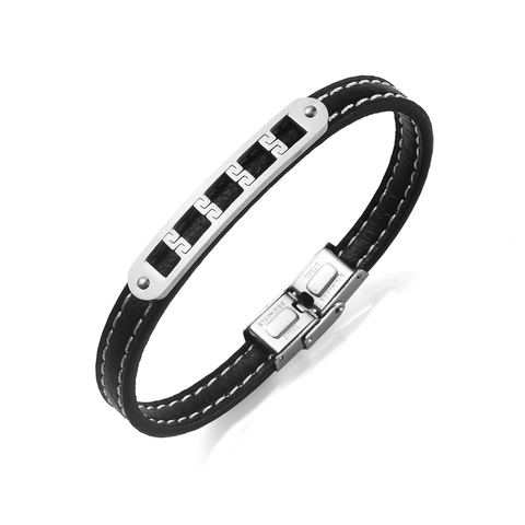 Vintage Herren Lederarmband Mit Edelstahl Mäander Muster Schnalle Geometrische Mode Handgelenk Schmuck