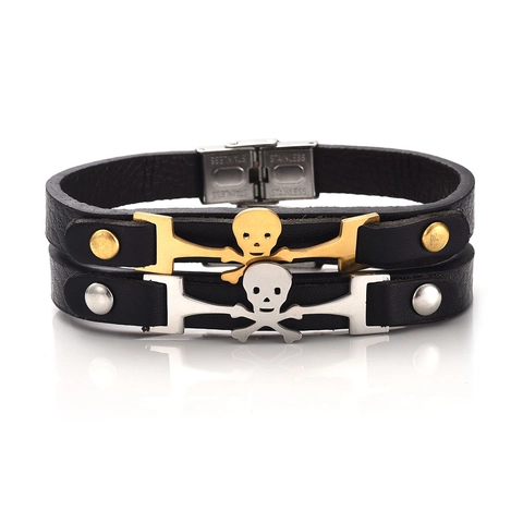 Vintage Punk Rock Men's Genuine Leather Skull Bracelet Stainless Steel Clasp Gothic Crossbones Biker Jewelry For Men