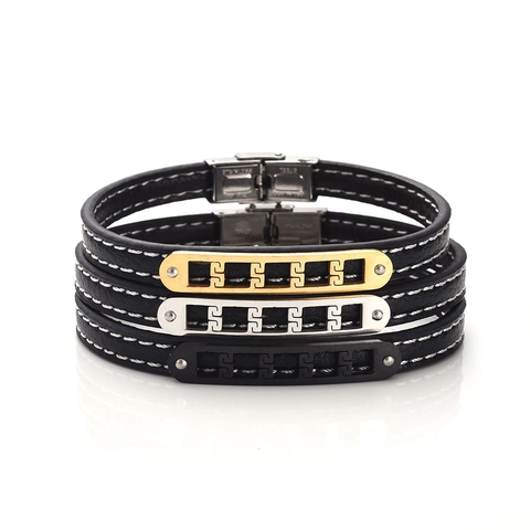 Vintage Herren Lederarmband Mit Edelstahl Mäander Muster Schnalle Geometrische Mode Handgelenk Schmuck