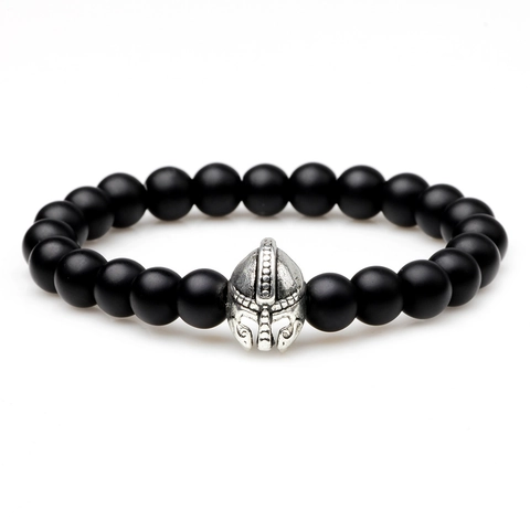 Bracciale da Uomo con Perline di Elmo Spartano Vintage in Pietra Agata Nera Opaca Lega Elastico Punk Gioielli Moda Regalo
