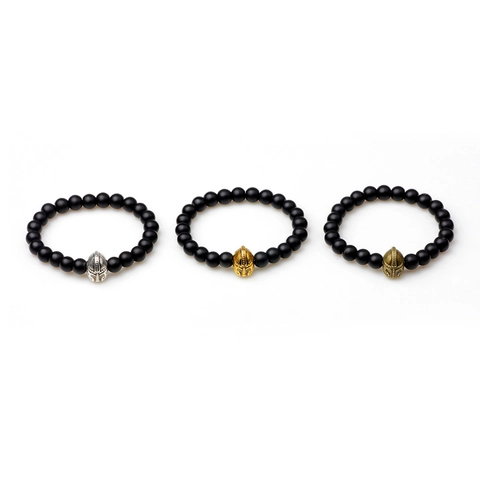 Bracciale da Uomo con Perline di Elmo Spartano Vintage in Pietra Agata Nera Opaca Lega Elastico Punk Gioielli Moda Regalo