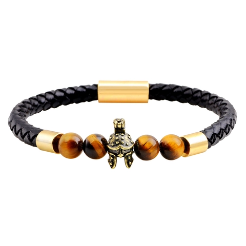 Römischer Ritterhelm Echtes Leder Geflochtenes Armband Für Herren Tigerauge Stein Zirkonia Legierung Anhänger Vintage Punk Schmuck