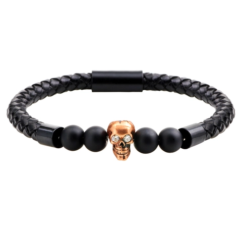 Herren Punk Leder Perlenarmband Vintage Totenkopf Achat Tigerauge Stein Kupfer Zirkonia Eingelegt Handgefertigt Mode Schmuck