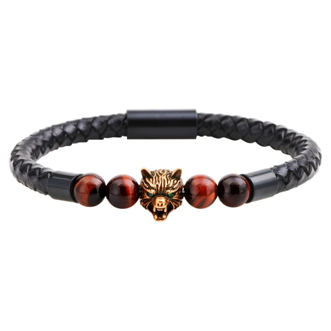 Men Vintage Real Leather Braided Bracelet Tiger Eye Stone Wolf Lion Head Copper Zirconia Inlaid Punk Magnetic Clasp Bracelet Jewelry