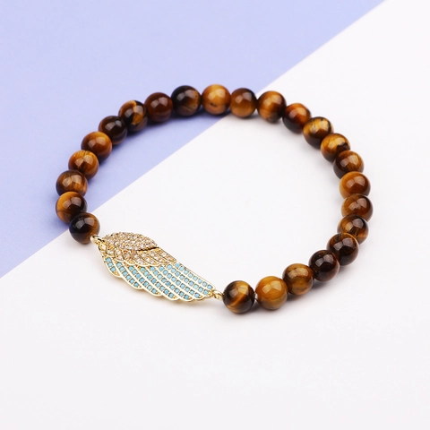 Pulseras de Cuentas de Piedra Natural de Moda para Mujeres Hombres Chapado en Cobre Colgante de Ala con Circonia Ojo de Tigre Turquesa Blanca Cuentas Pulsera Elástica Joyería