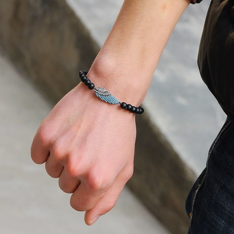 Pulseras de Cuentas de Piedra Natural de Moda para Mujeres Hombres Chapado en Cobre Colgante de Ala con Circonia Ojo de Tigre Turquesa Blanca Cuentas Pulsera Elástica Joyería