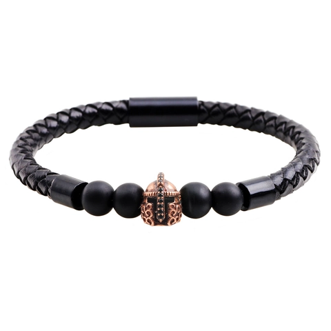 Bracciale da Uomo Vintage Elmo Guerriero Spartano in Pelle Pietra Occhio di Tigre Vulcanica Punk Con Chiusura Magnetica