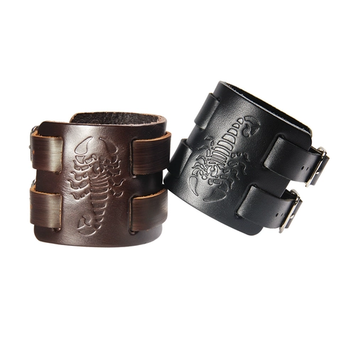 Retro Punk Rock Genuine Leather Wide Bracelet For Men Unisex Embossed Scorpion Pattern Adjustable Double Buckle Cuff Bangle Hip Hop Jewelry