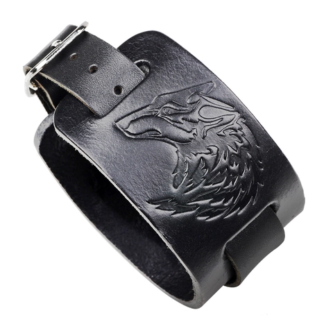 Punk Rock Breite Echtleder Armband Mit Geprägtem Wolfskopf Design Verstellbare Rindsleder Manschette Armreif Für Herren Damen