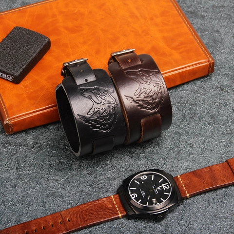 Punk Rock Breite Echtleder Armband Mit Geprägtem Wolfskopf Design Verstellbare Rindsleder Manschette Armreif Für Herren Damen