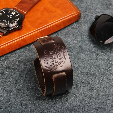 Bracciale Vintage Largo in Pelle Aquila a Rilievo Punk Rock Polsino per Uomo Donna Fibbia in Metallo Regolabile Gioielli di Moda