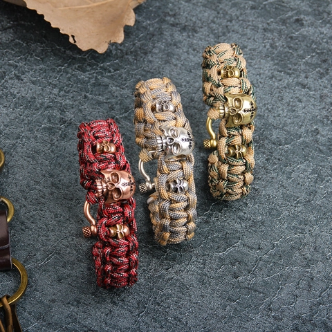 Men's Paracord Braided Bracelet With Metal Skull Charms Outdoor Survival Punk Rock Style Jewelry With U-Shackle Clasp