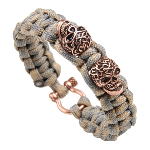 Vintage Skull Paracord Woven Bracelet For Men Outdoor Survival Copper Metal Skull Beads U-Shaped Shackle Punk Jewelry