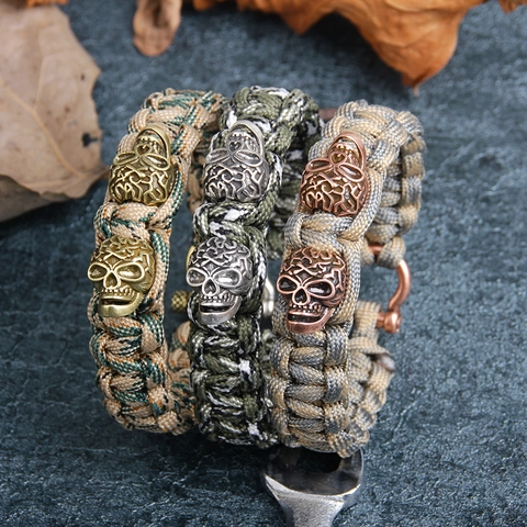 Vintage Skull Paracord Woven Bracelet For Men Outdoor Survival Copper Metal Skull Beads U-Shaped Shackle Punk Jewelry