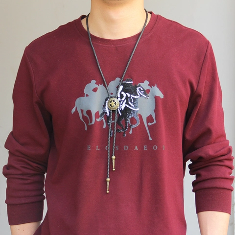 Vintage Western Cowboy Bolo Tie Punk Adjustable Cowhide Leather Rope Star Pattern Alloy Pendant Necklace For Men Women