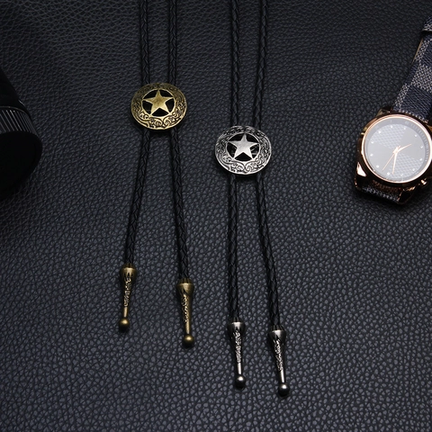 Vintage Western Cowboy Bolo Tie Punk Adjustable Cowhide Leather Rope Star Pattern Alloy Pendant Necklace For Men Women
