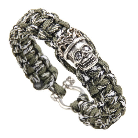 Braccialetto Intrecciato in Paracord per Sopravvivenza All'aperto Con Ciondolo Teschio Corona in Rame Strass Gioielli Retro Punk