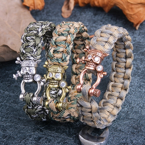 Bracelet Paracorde Tissé avec Fermoir en Cuivre Crâne Punk pour Hommes Bracelet de Survie Tactique Camouflage Vintage Bijoux