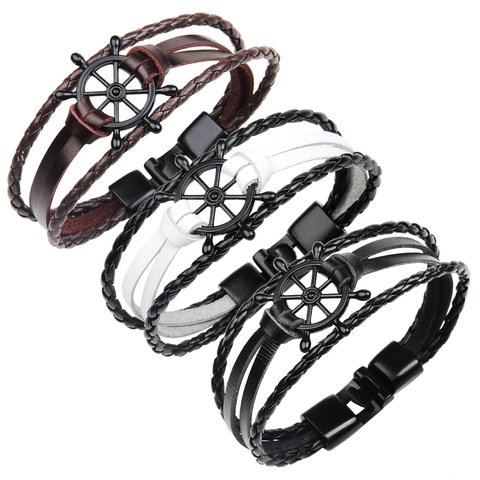 Bracciale in Vera Pelle Intrecciata Multistrato Nautico Rétro da Uomo Con Ciondoli Ancora Timone in Lega Punk Gioielli
