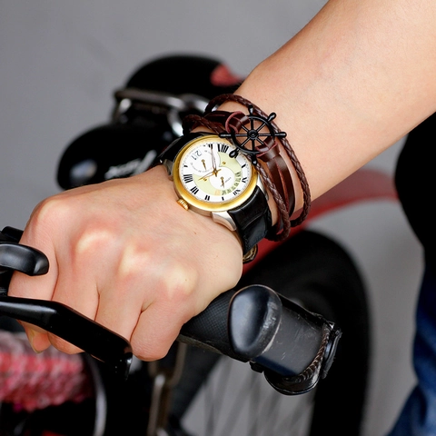 Bracciale in Vera Pelle Intrecciata Multistrato Nautico Rétro da Uomo Con Ciondoli Ancora Timone in Lega Punk Gioielli