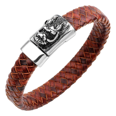 Men's Retro Braided Cowhide Leather Bracelet With Stainless Steel Dragon Head Clasp Ethnic Woven Accessory Jewelry Gift For Men