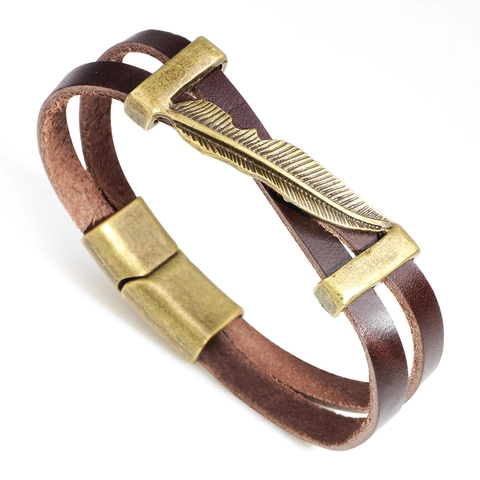Pulsera de Cuero Multicapa Estilo Punk Vintage Para Hombres Mujeres Dije de Pluma de Bronce Cierre Magnético Joyería de Mano