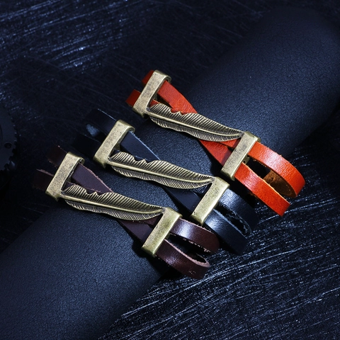 Pulsera de Cuero Multicapa Estilo Punk Vintage Para Hombres Mujeres Dije de Pluma de Bronce Cierre Magnético Joyería de Mano