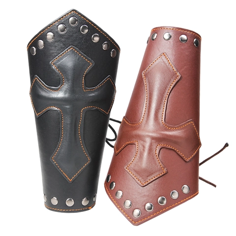 Medieval Punk PU Leather Bracers Cross Rivet Studded Arm Guard Wristband Halloween Cosplay Costume Accessory Adjustable Lacing
