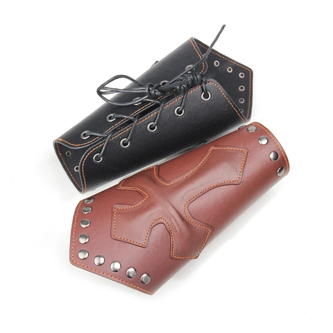 Medieval Punk PU Leather Bracers Cross Rivet Studded Arm Guard Wristband Halloween Cosplay Costume Accessory Adjustable Lacing