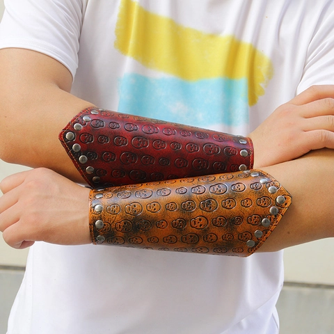 Punk Vintage Cowhide Leather Bracers With Embossed Skull Pattern And Alloy Rivets Adjustable Gothic Arm Guard For Men Women