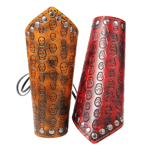 Punk Vintage Cowhide Leather Bracers With Embossed Skull Pattern And Alloy Rivets Adjustable Gothic Arm Guard For Men Women