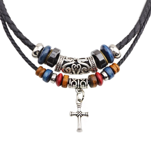 Retro Legierung Kreuz Anhänger Halskette Doppelt Geflochtenes PU Leder Seil Mit Bunten Holzperlen Boho Unisex Schmuck