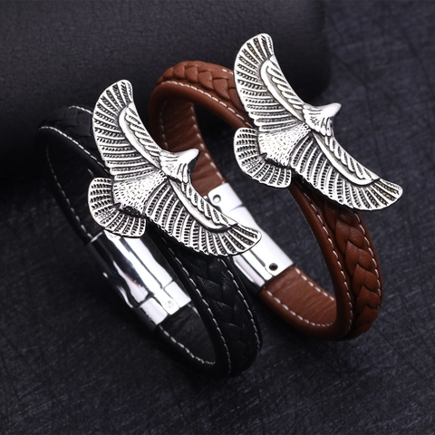 Herren Punk Adler Edelstahl Magnetverschluss Armband Vintage Geflochten Rindsleder Seil Hip Hop Handgelenk Schmuck Geschenk
