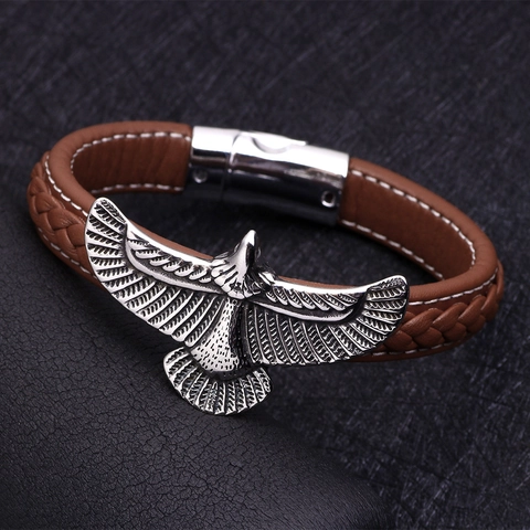 Herren Punk Adler Edelstahl Magnetverschluss Armband Vintage Geflochten Rindsleder Seil Hip Hop Handgelenk Schmuck Geschenk