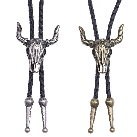 Vintage Western Cowboy Bolo-Krawatte Retro Stierschädel Rabenkopf Legierung Anhänger PU-Leder Geflochtenes Seil Halskette Herren Schmuck