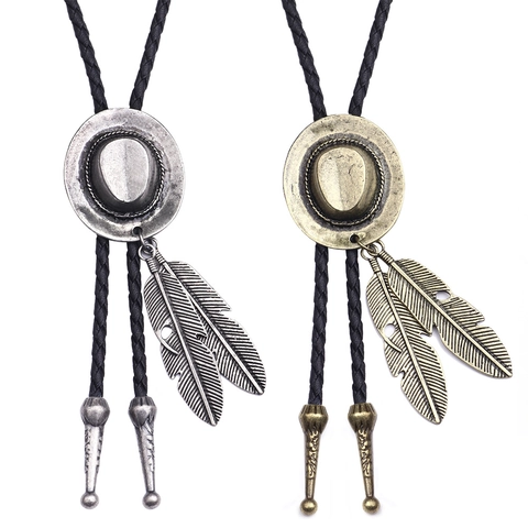 Cravate Bolo Chapeau de Cowboy Western Vintage pour Homme Femme Pendentif Plume en Alliage Collier en Corde de Simili-cuir Tressé Bijoux Retro Punk