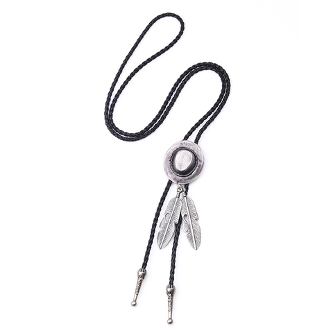 Cravate Bolo Chapeau de Cowboy Western Vintage pour Homme Femme Pendentif Plume en Alliage Collier en Corde de Simili-cuir Tressé Bijoux Retro Punk