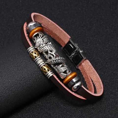 Vintage Draak Totem Runderleer Gevlochten Armband Voor Heren Roestvrij Stalen Sluiting Legering Hematiet Sieraden Cadeau