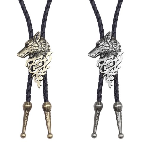 Corbata Bolo de Cabeza de Lobo Vintage Para Hombre Colgante de Aleación Bronce Plata Antiguo Collar de Cordón Trenzado Joyería Western