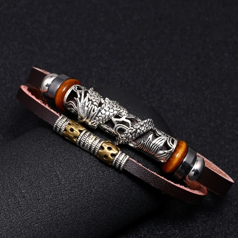 Vintage Draak Totem Runderleer Gevlochten Armband Voor Heren Roestvrij Stalen Sluiting Legering Hematiet Sieraden Cadeau
