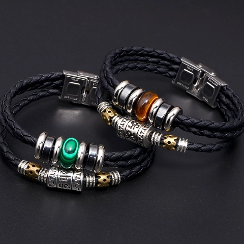 Pulsera Vintage de Cuero Multicapa para Hombre Mujer Con Cierre de Acero Inoxidable Cuentas de Piedra Natural Joyería Étnica