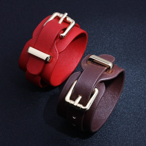 Women's Wide PU Leather Bracelet With Alloy Gold Plated Pin Buckle Adjustable Saffiano Texture Wrap Bangle Jewelry