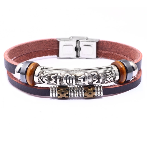 Bracciale Vintage in Pelle da Uomo Con Chiusura in Acciaio Inossidabile Mantra a Sei Caratteri Totem Intrecciato Etnico