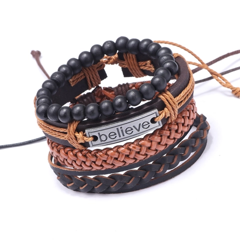 Vintage Men Bracelet Set Leather Braided Rope Alloy Believe Metal Plate Wood Beads Punk Multi-Layered Jewelry Gift