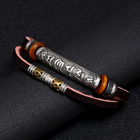 Bracciale Vintage in Pelle da Uomo Con Chiusura in Acciaio Inossidabile Mantra a Sei Caratteri Totem Intrecciato Etnico