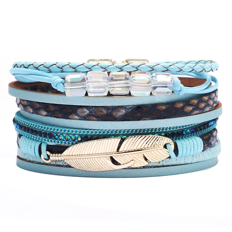 Bracciale Multistrato in Pelle PU Boemia per Donna Pendente a Piuma in Lega Vintage Strass Intarsiato Chiusura Magnetica Gioielli Moda