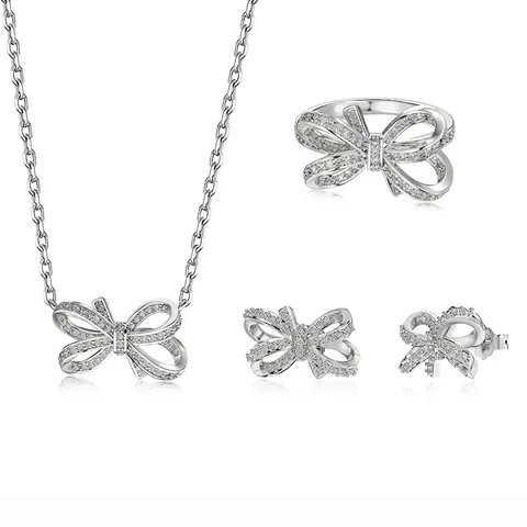 925 Sterling Zilver Strik Sieradenset Met Zirconia Ingelegd Ketting Ring Oorbellen Elegant Dames Mode Sieraden Accessoires